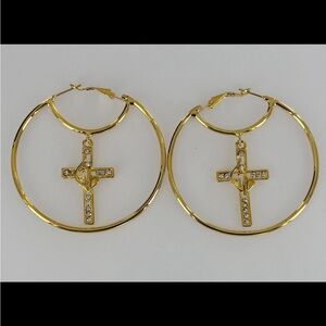 Gold Hoop Earrings with Cross Pendant